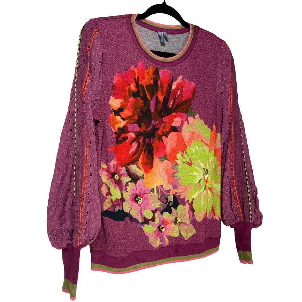 Anthropologie Bl^nk London Abstract Floral Eyelet Puff Sleeve Top Purple Size S